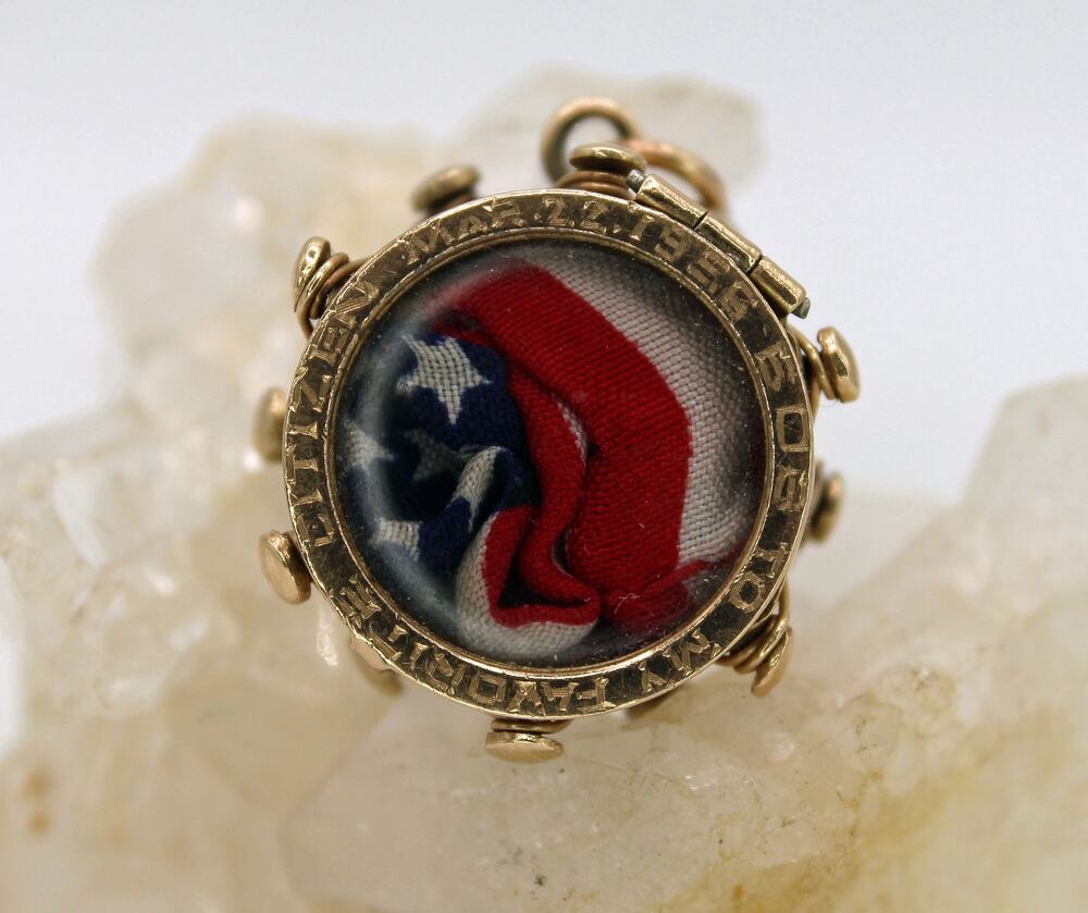 1936 14kt Gold Mother of Pearl Base Snare Drum Charm w/ Mini 48 Star U.S. Flag